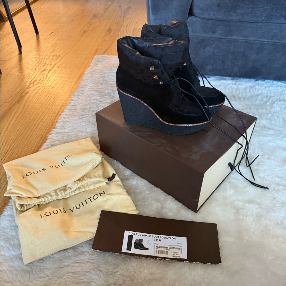 Louis Vuitton College Ankle Boots – 8cm Wedge/Size 39.5 – Black Nylon/Suede NWT